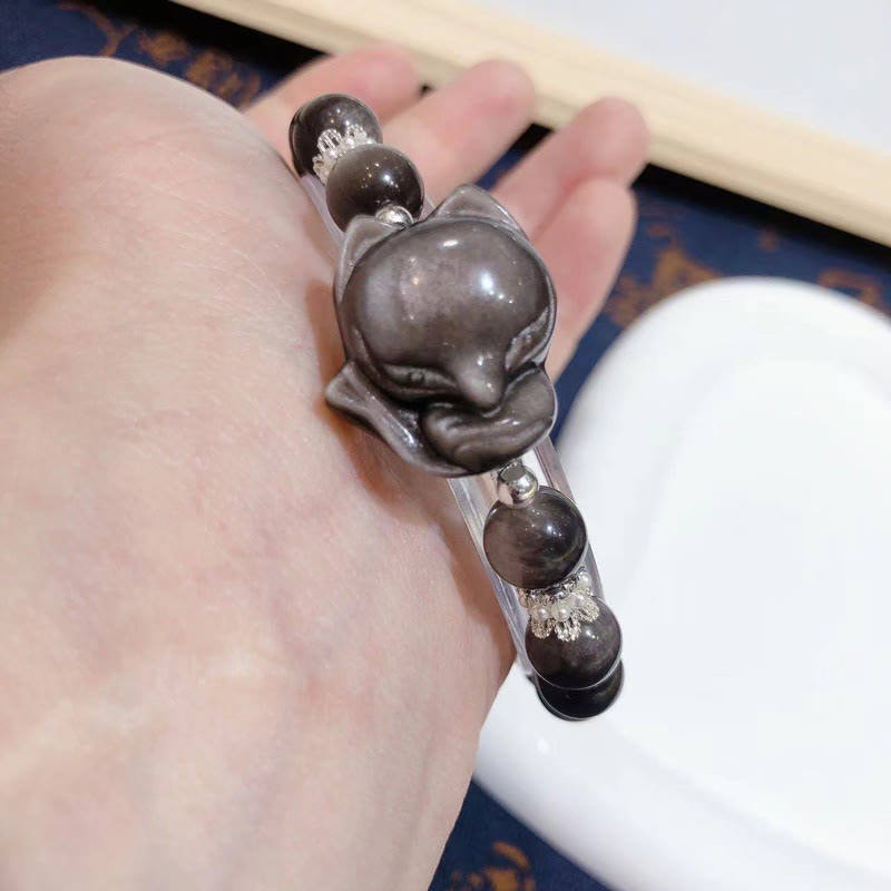 8mm Silver Sheen Obsidian Communication Bracelet with Nine-Tailed Fox