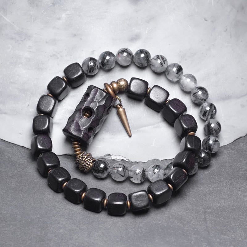 8mm Ebony Wood Black Rutilated Quartz Double Wrap Bracelet