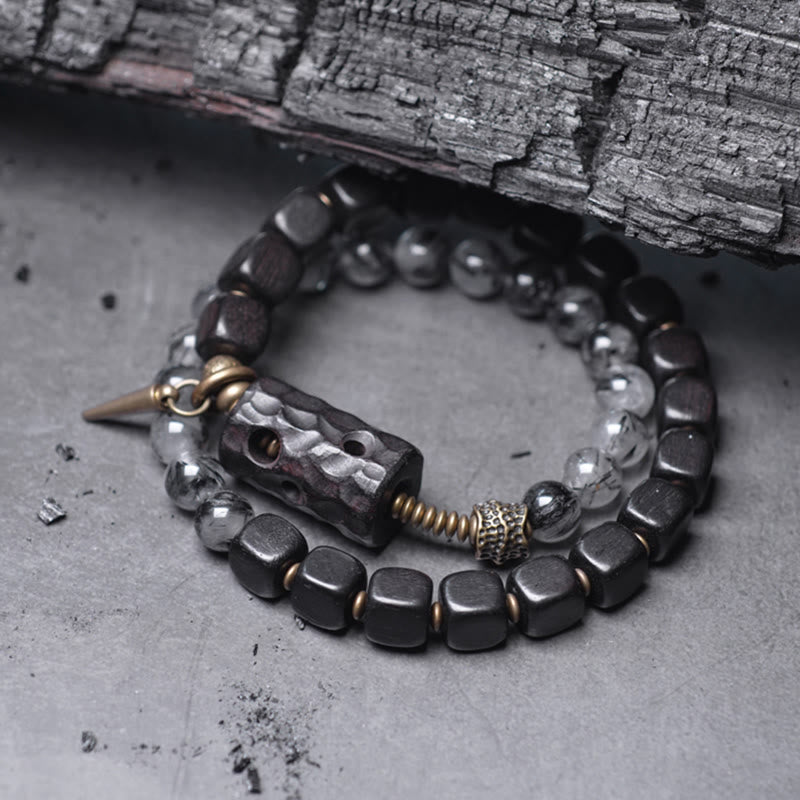 8mm Ebony Wood Black Rutilated Quartz Double Wrap Bracelet