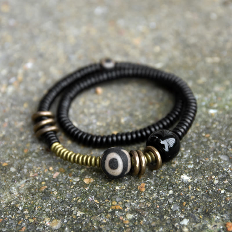Double Wrap Ebony Wood and Green Sandalwood Obsidian Bracelet for Calm