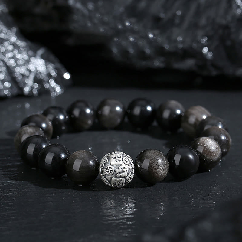 12 mm schwarzes Obsidian-Fu-Charakter-Armband