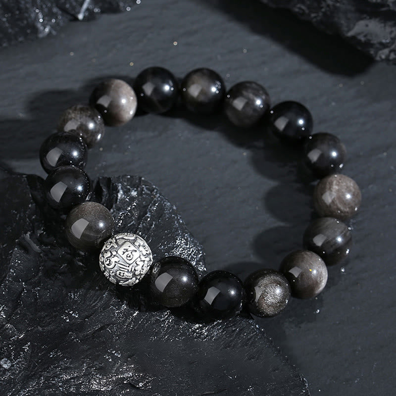 12 mm schwarzes Obsidian-Fu-Charakter-Armband