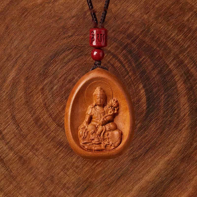 Peach Wood Chinese Zodiac Necklace with Om Mani Padme Hum Pendant