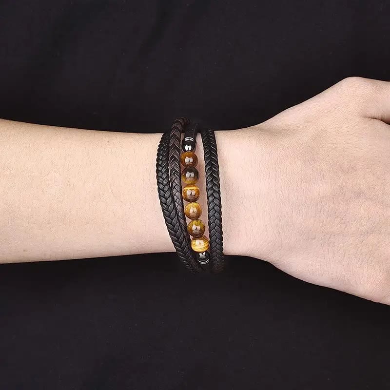 Tigerauge-Schutz-Lederarmband für Herren, 18–20 cm