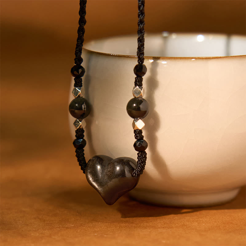 Silberfarbene Obsidian-Herzschutzkette für Damen