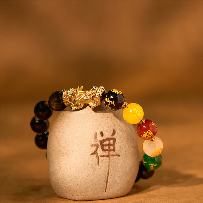10mm Gold Sheen Obsidian Five Directions Gods of Wealth Protection Bracelet