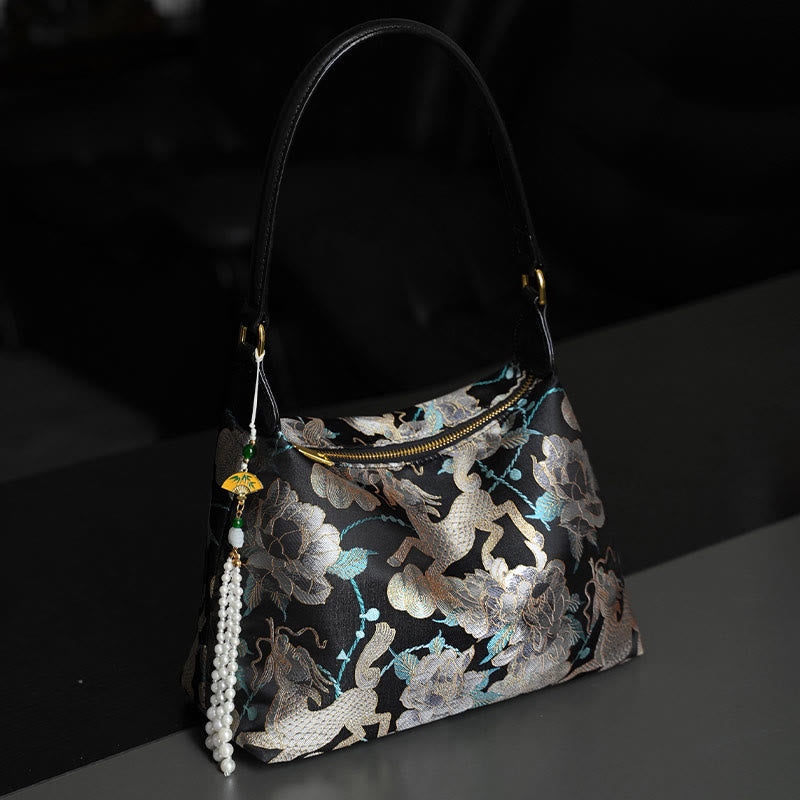 Lotus Umhängetasche aus Bambus, Kranich und Hirsch, Seide, 26 cm