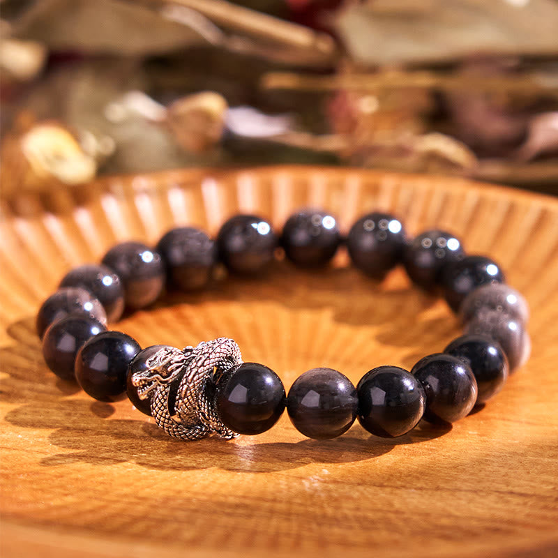 10 mm silbernes Obsidian-Drachen-Schutzarmband