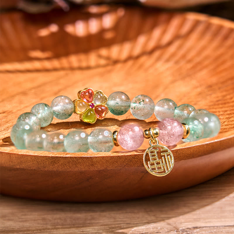 8mm Green Strawberry Quartz Fu Character Bracelet for Soothing