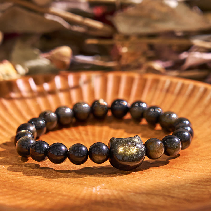 Gold Sheen Obsidian Lucky Cat Protection Bracelet 8mm