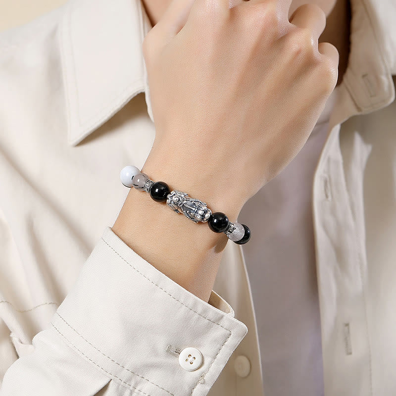 Unisex-Armband aus 999er Sterlingsilber mit schwarzem Obsidian für Glück