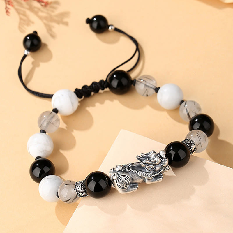 Unisex 999 Sterling Silver Black Obsidian Bracelet for Luck