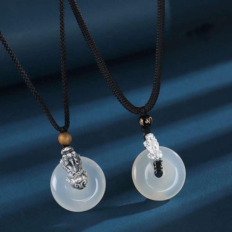 White Agate Peace Buckle Necklace with Pi Xiu Pendant