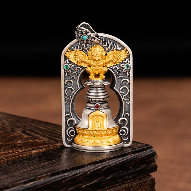 925 Sterling Silber Tibetischer Garuda Vogel Vajra Dorje Glocke Anhänger