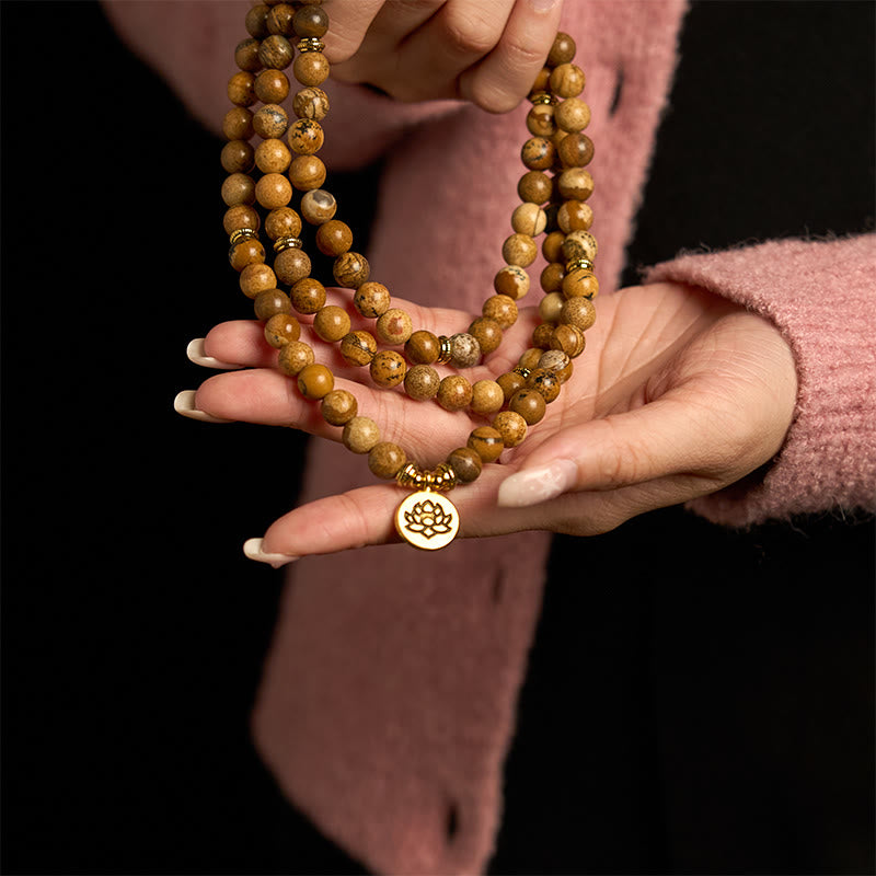 8mm Bildjaspis Courage Mala Armband Lotus Charm