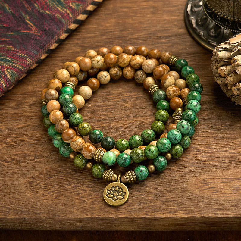 8mm Picture Jasper Turquoise Lotus Bracelet for Positivity & Growth