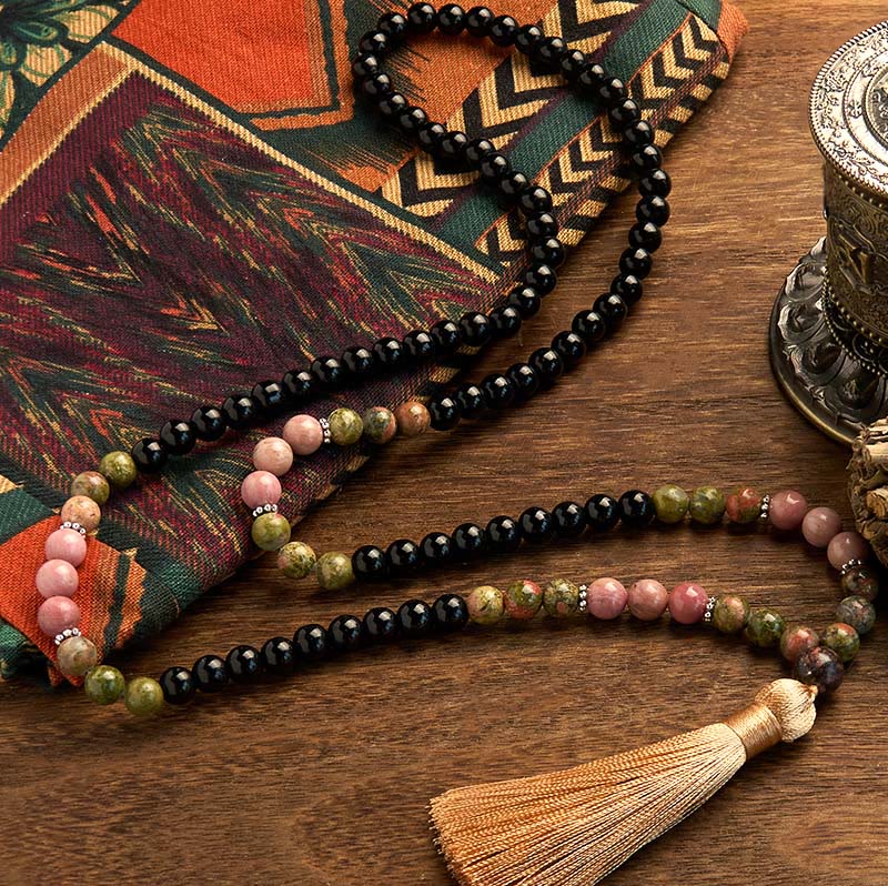 108 Perlen Schwarzer Jaspis Rhodonit Heilung Unisex Mala