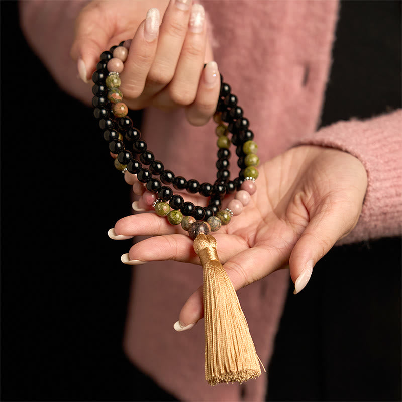 108 Perlen Schwarzer Jaspis Rhodonit Heilung Unisex Mala