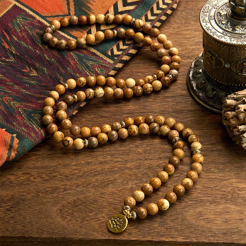 8mm Bildjaspis Courage Mala Armband Lotus Charm
