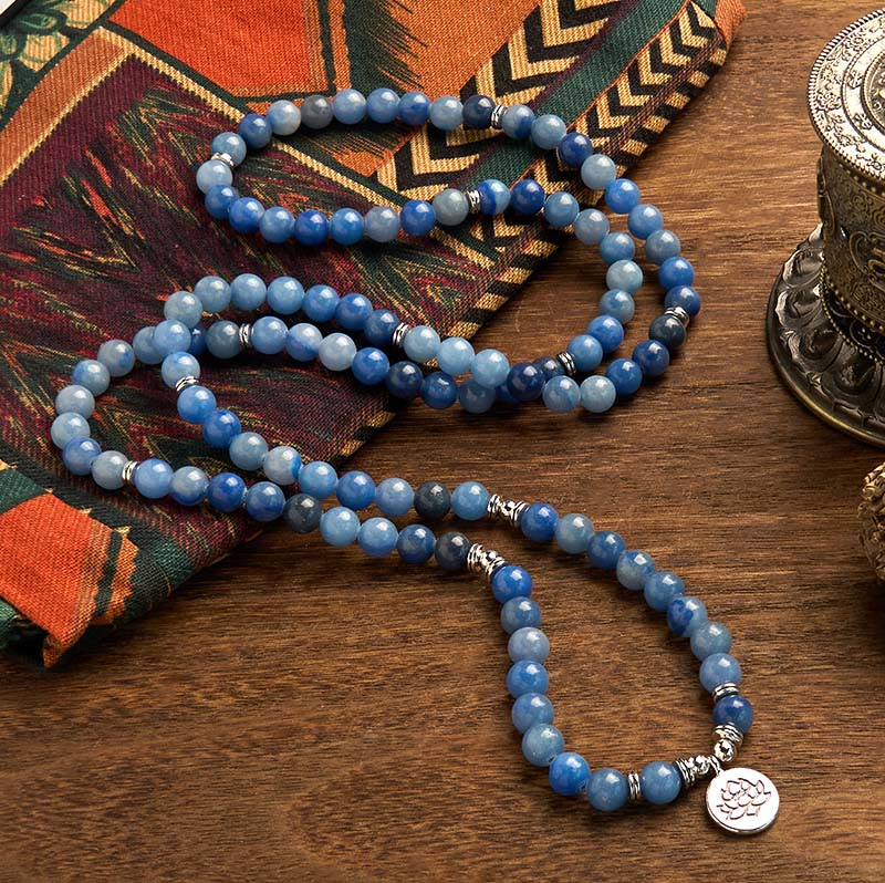 108 Blue Aventurine Lotus Calm Bracelet for Meditation & Balance