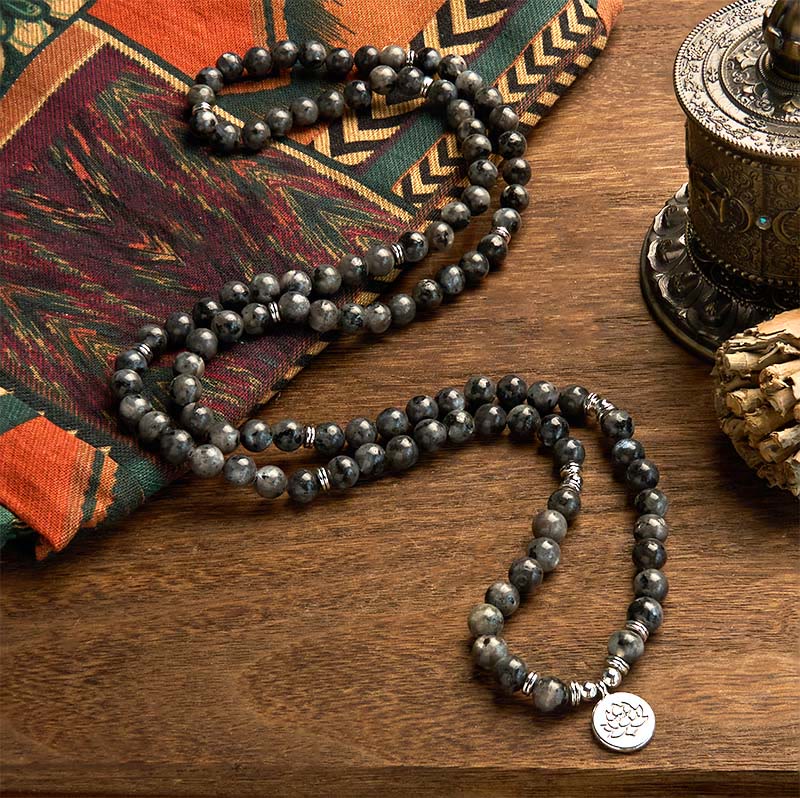 8mm Black Glitter Stone Lotus Positivity Mala Bracelet