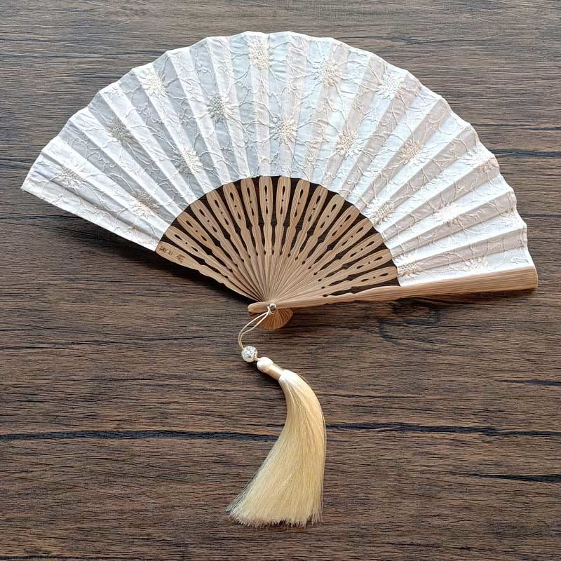 21cm Solid Color Hollow Flower Bamboo Hand Fan Cotton
