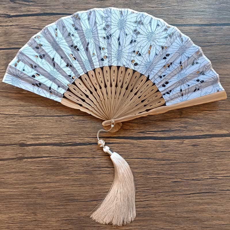 21cm Solid Color Hollow Flower Bamboo Hand Fan Cotton