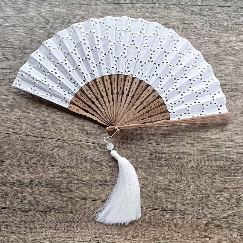 21cm Solid Color Hollow Flower Bamboo Hand Fan Cotton