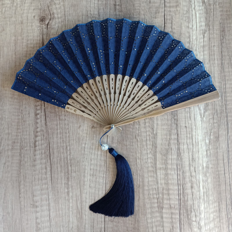 21cm Solid Color Hollow Flower Bamboo Hand Fan Cotton
