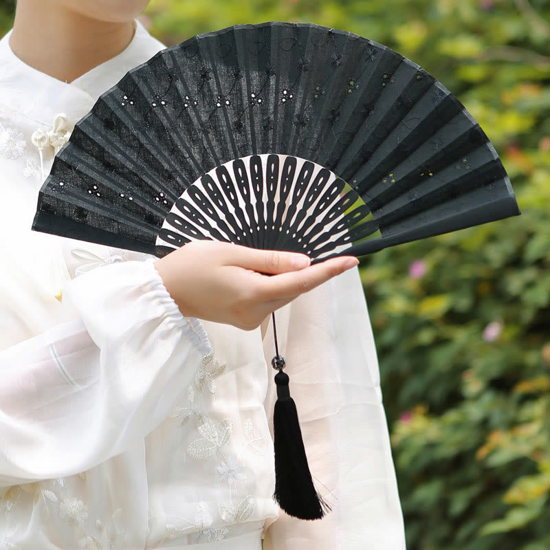 21cm Solid Color Hollow Flower Bamboo Hand Fan Cotton
