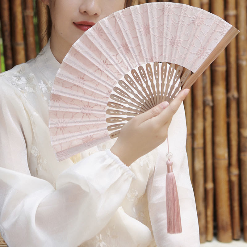 21cm Solid Color Hollow Flower Bamboo Hand Fan Cotton