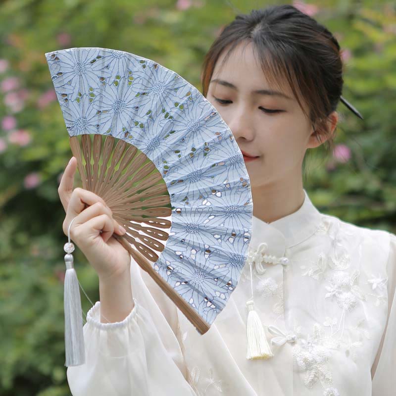 21cm Solid Color Hollow Flower Bamboo Hand Fan Cotton
