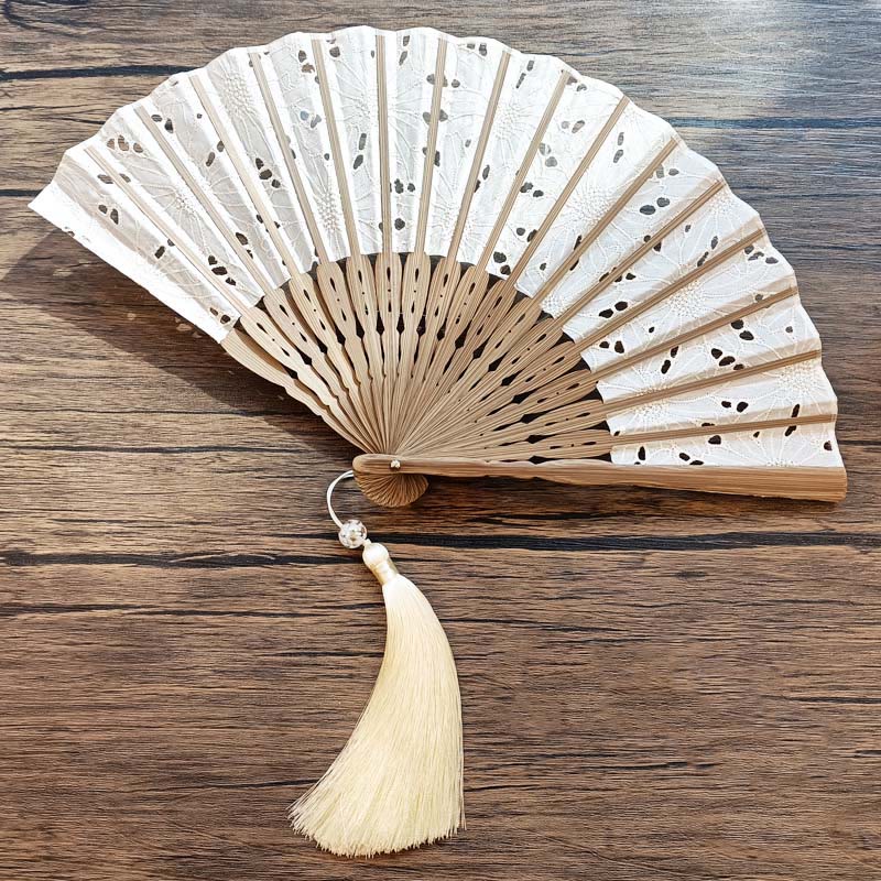 21cm Solid Color Hollow Flower Bamboo Hand Fan Cotton