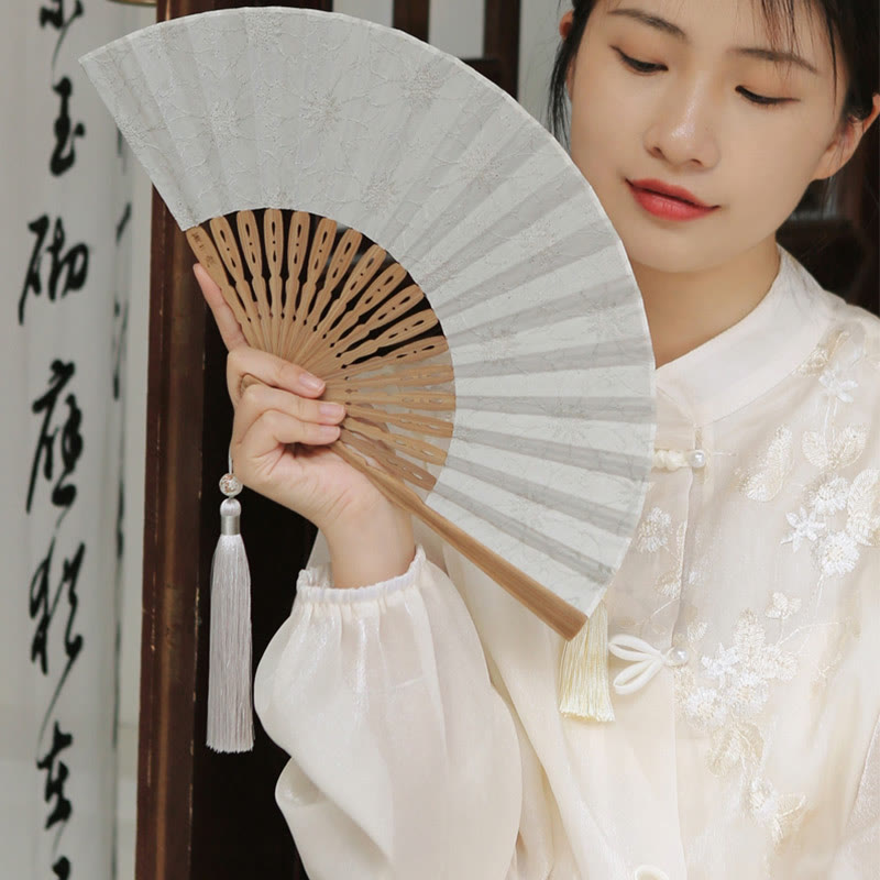 21cm Solid Color Hollow Flower Bamboo Hand Fan Cotton