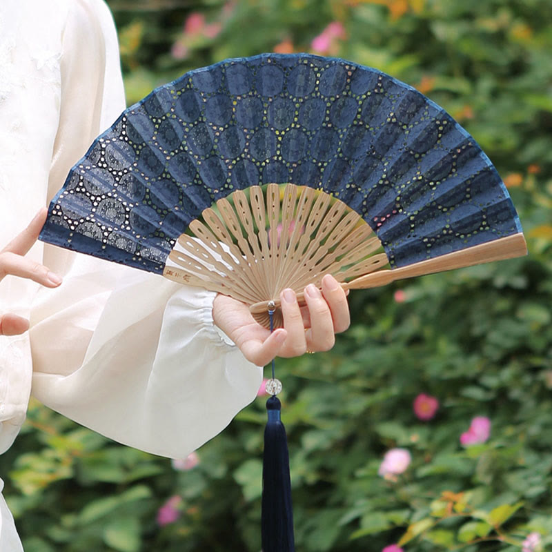 21cm Solid Color Hollow Flower Bamboo Hand Fan Cotton