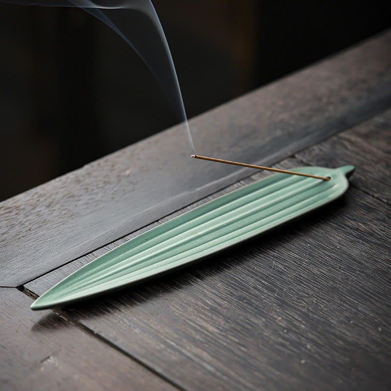 Green Bamboo Leaf Ceramic Incense Burner for Calm Meditation