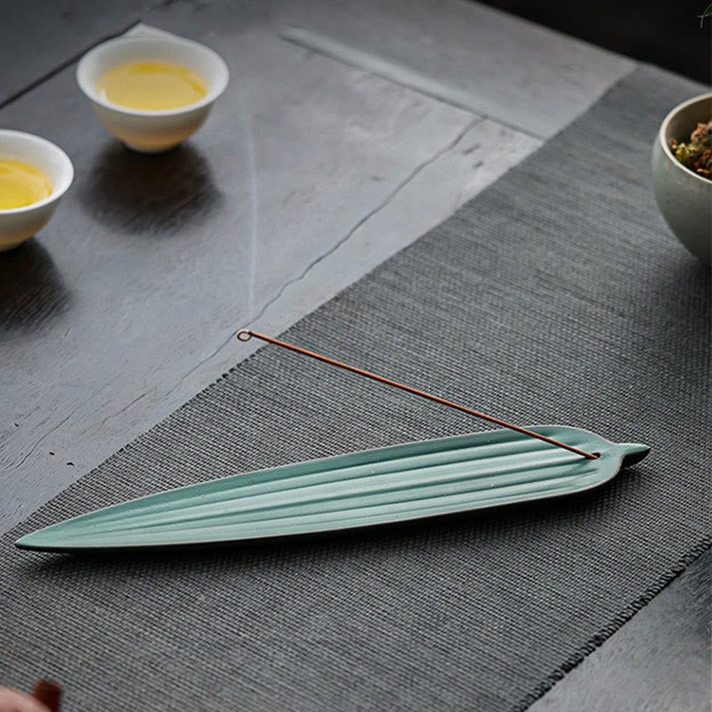 Green Bamboo Leaf Ceramic Incense Burner for Calm Meditation