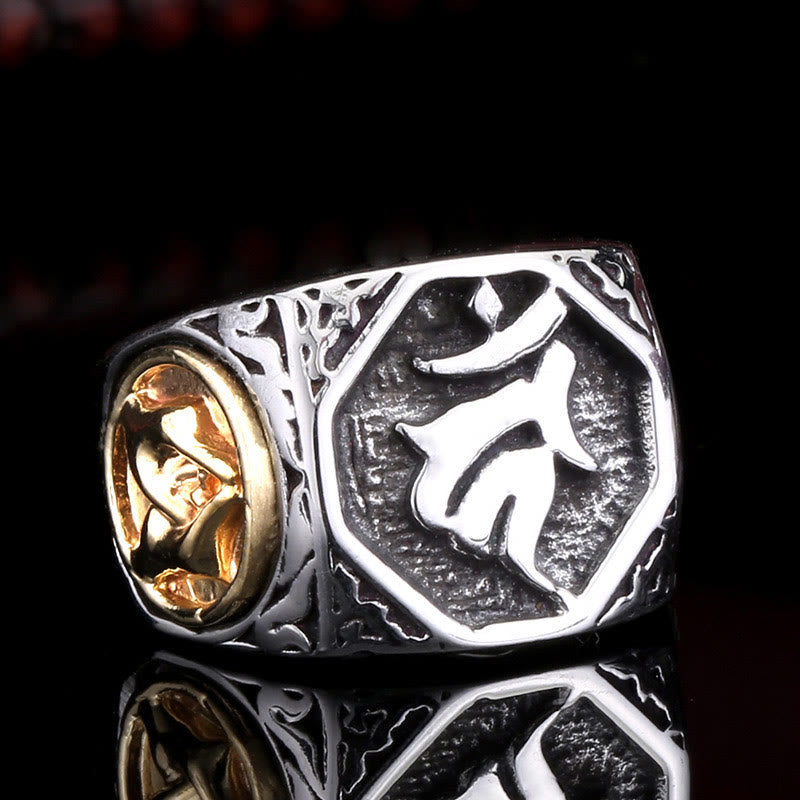 Unisex-Ring aus Titanstahl für spirituelle Balance mit Sanskrit-Schwertzeichen
