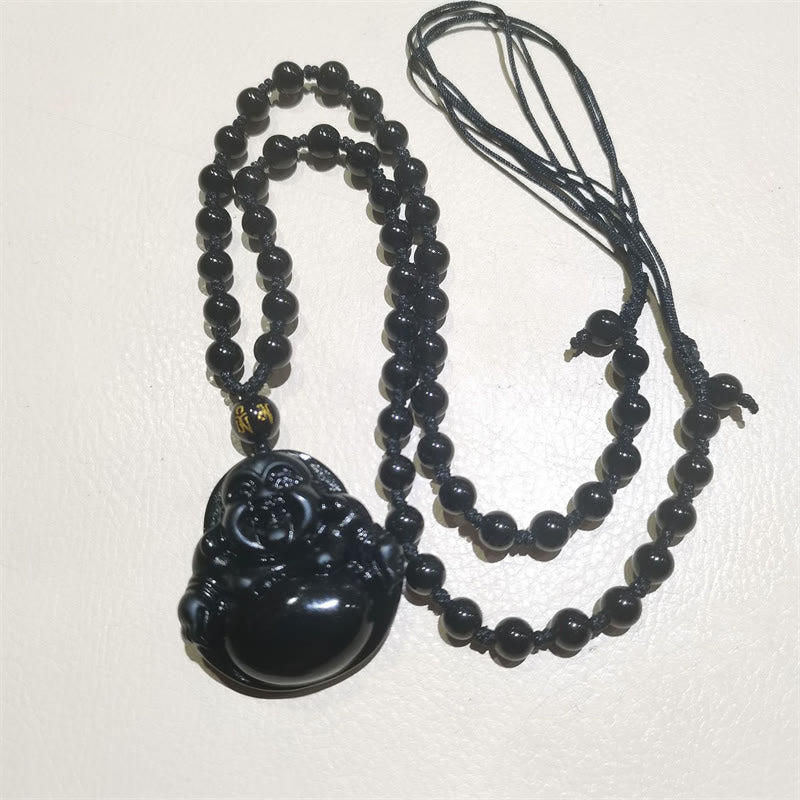 Halskette mit lachendem Buddha aus schwarzem Obsidian und Eisobsidian | Reinigung