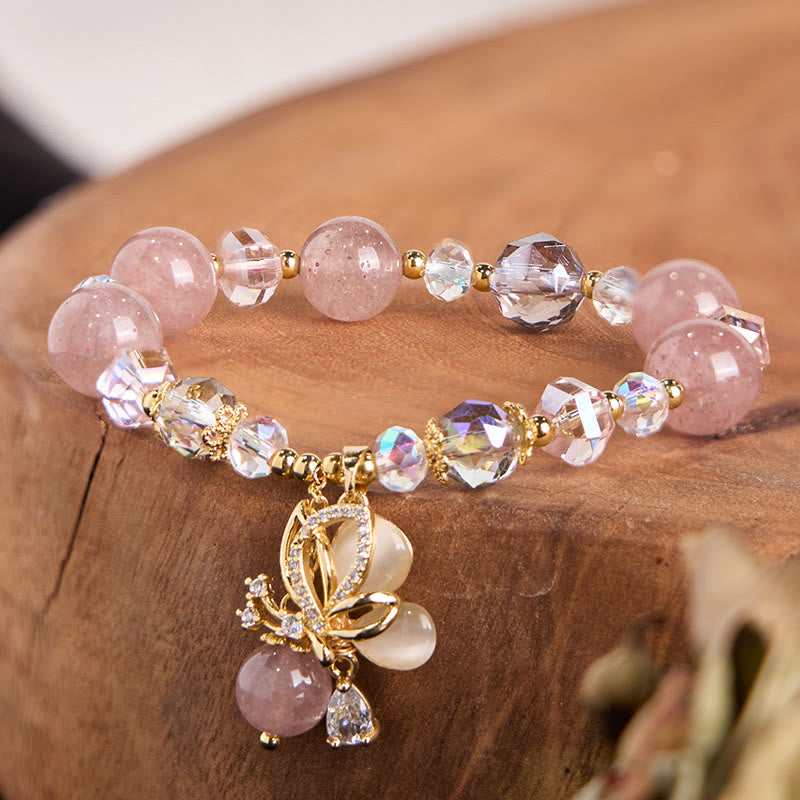 10mm Strawberry Quartz Butterfly Healing Bracelet for Women