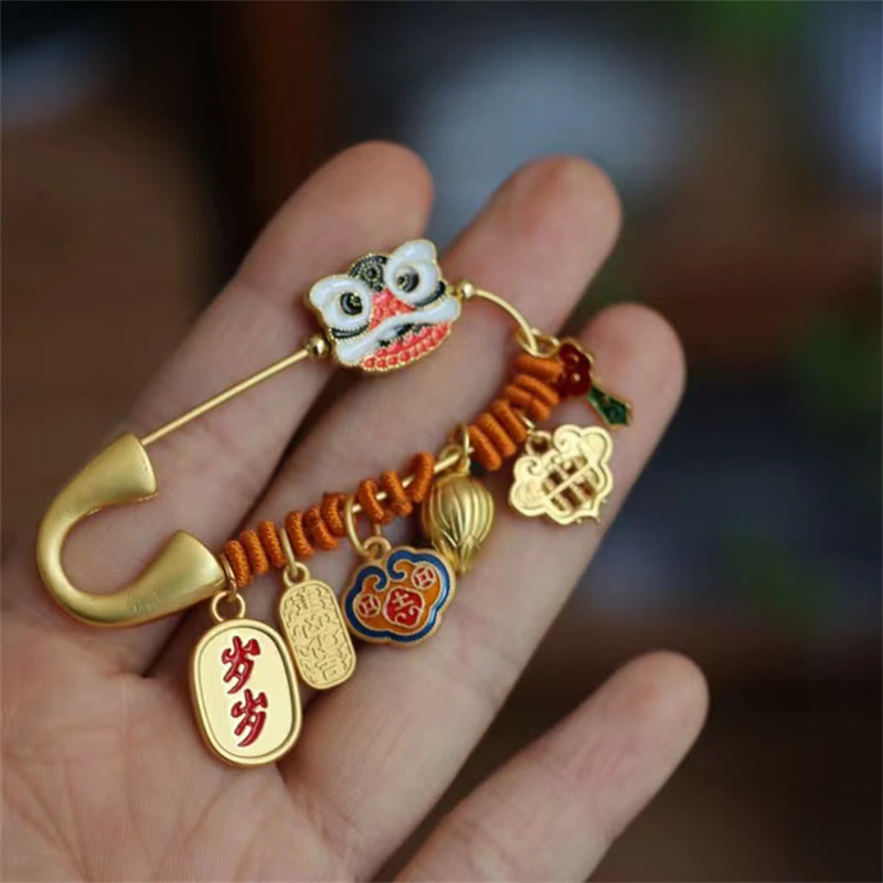 20 x 58 mm Kupfer Tanzender Löwe Lotusknospe Glücksbrosche