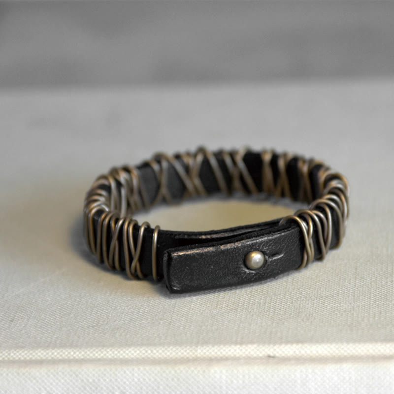 Black Leather Copper Wire Wrap Spiritual Balance Bracelet