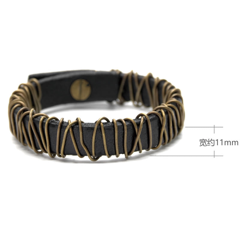 Black Leather Copper Wire Wrap Spiritual Balance Bracelet