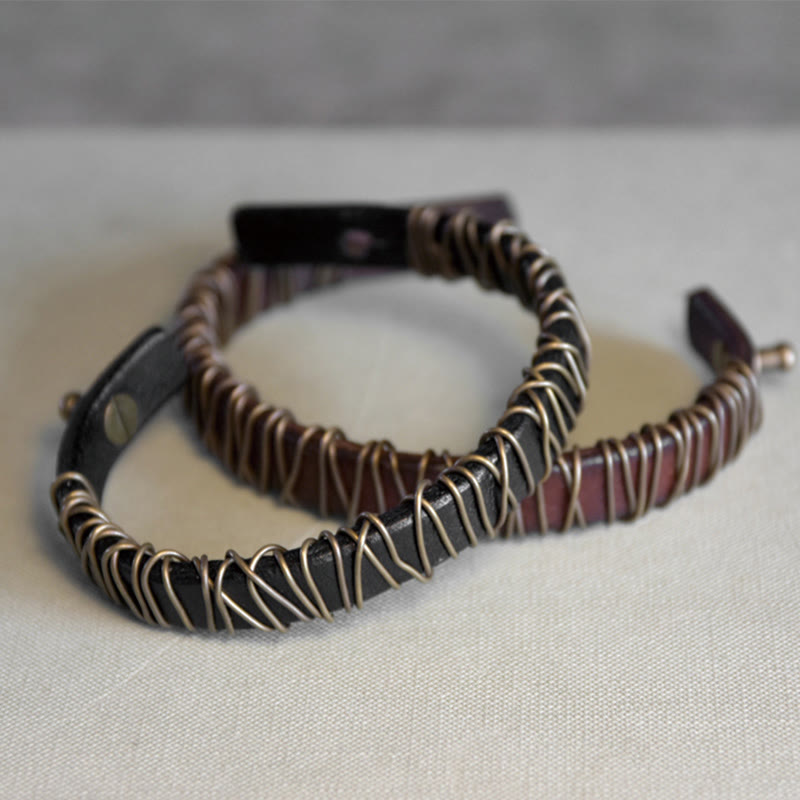 Black Leather Copper Wire Wrap Spiritual Balance Bracelet