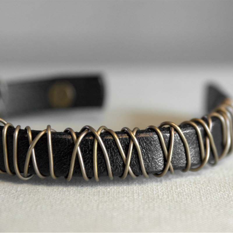 Black Leather Copper Wire Wrap Spiritual Balance Bracelet