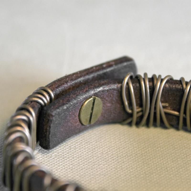 Black Leather Copper Wire Wrap Spiritual Balance Bracelet