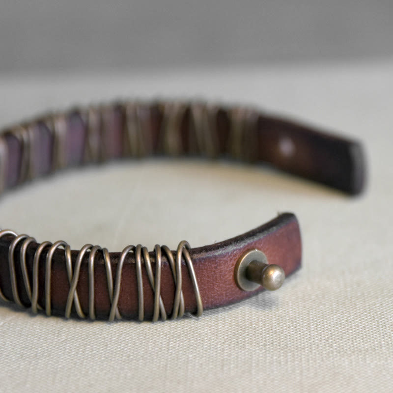 Black Leather Copper Wire Wrap Spiritual Balance Bracelet