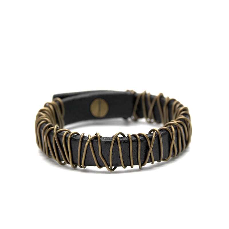 Black Leather Copper Wire Wrap Spiritual Balance Bracelet