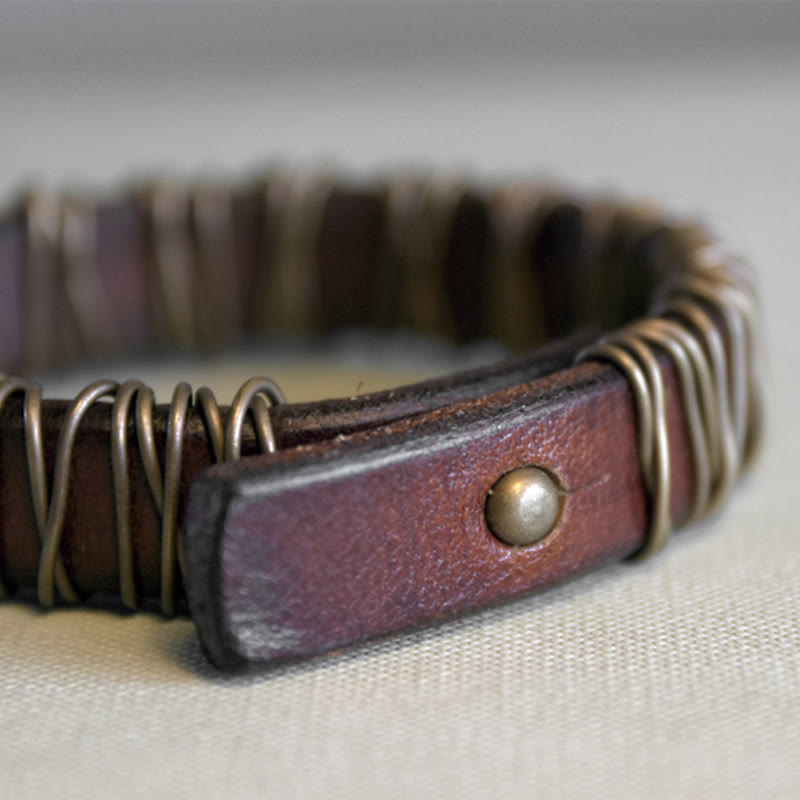 Black Leather Copper Wire Wrap Spiritual Balance Bracelet