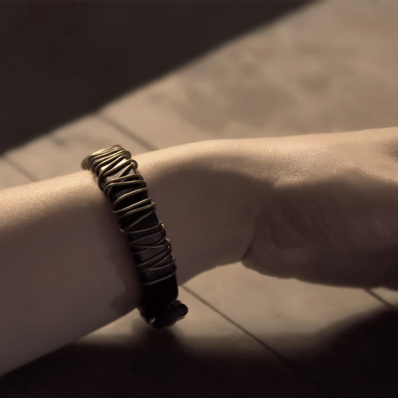 Black Leather Copper Wire Wrap Spiritual Balance Bracelet